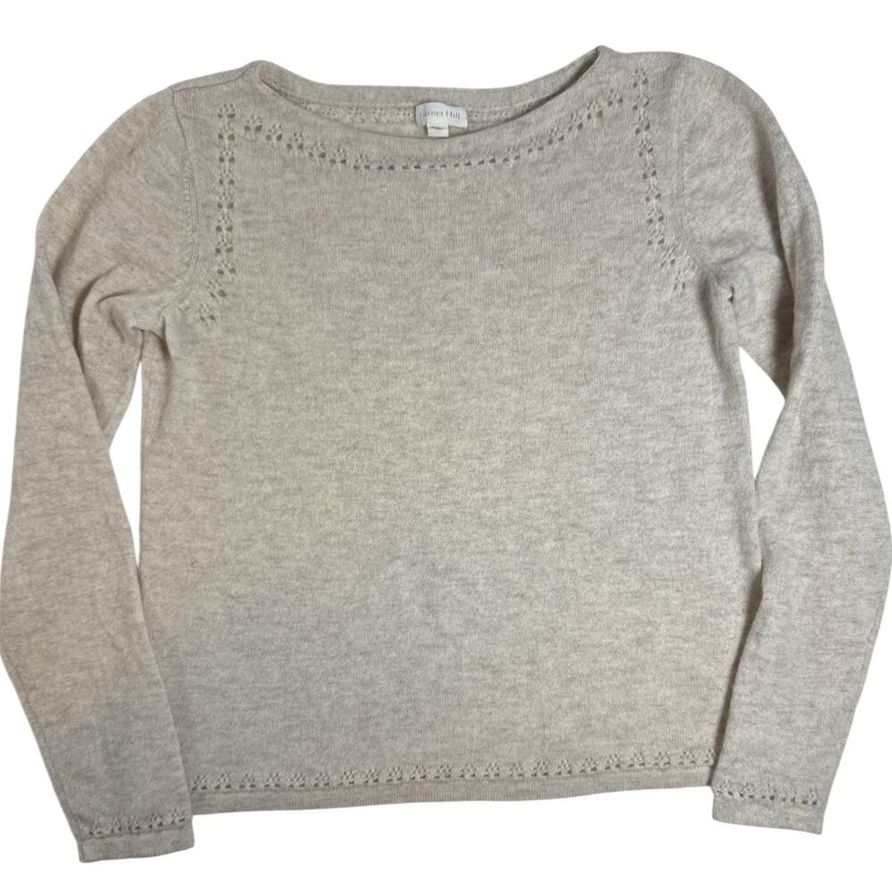 Garnet Hill 100% Cashmere Sweater Women’s XS Beige Pointelle Trim Lightweight